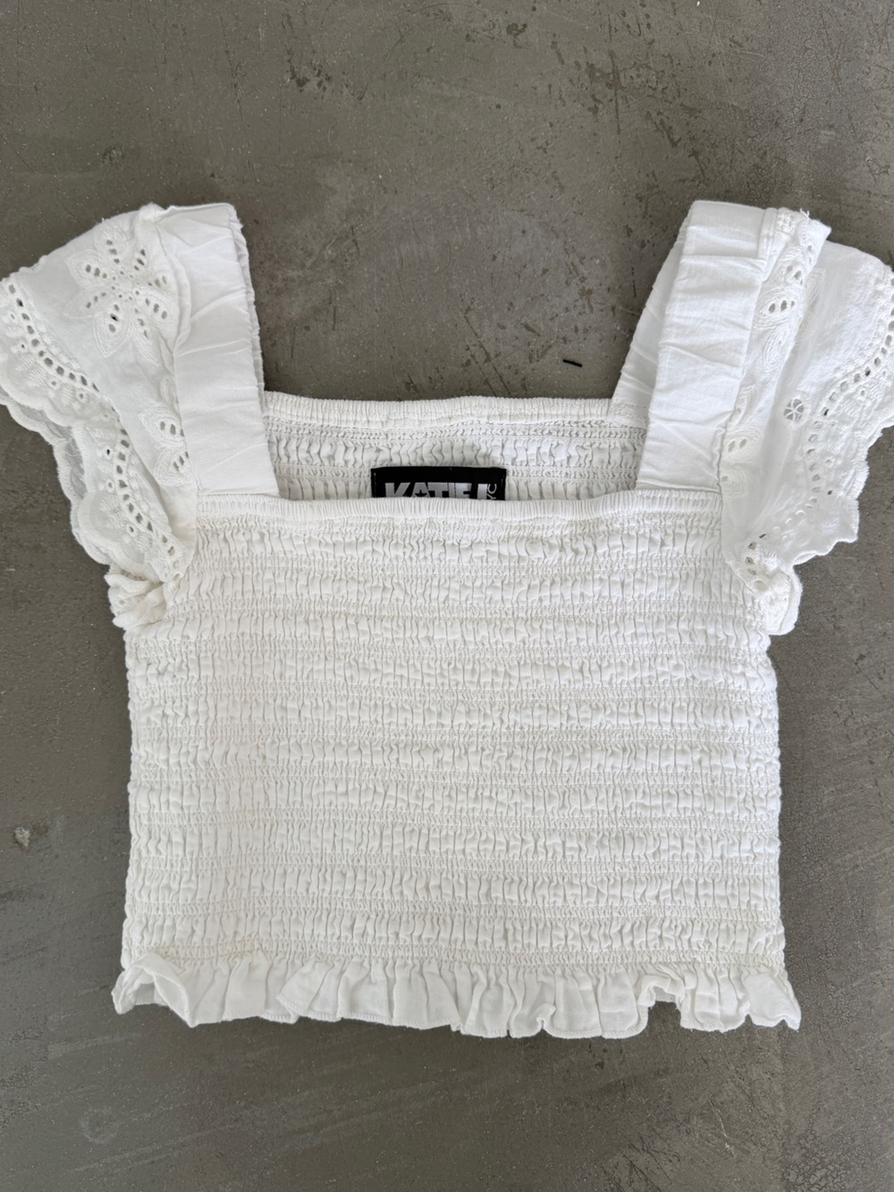 Katie J NYC White Smocked Eyelet Lace Top